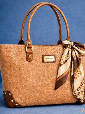 Adrienne Vittadini  Brown Tote Large Work Laptop bag Croc Embossed